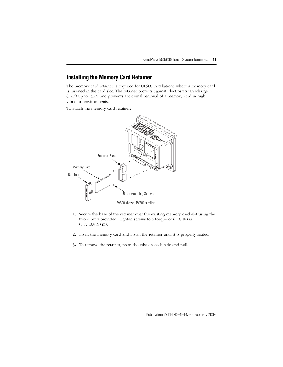Installing the memory card retainer | Rockwell Automation 2711-T5AxxL1_T6CxxL1 PanelView 550/600 Touch Screen Terminals User Manual | Page 11 / 16