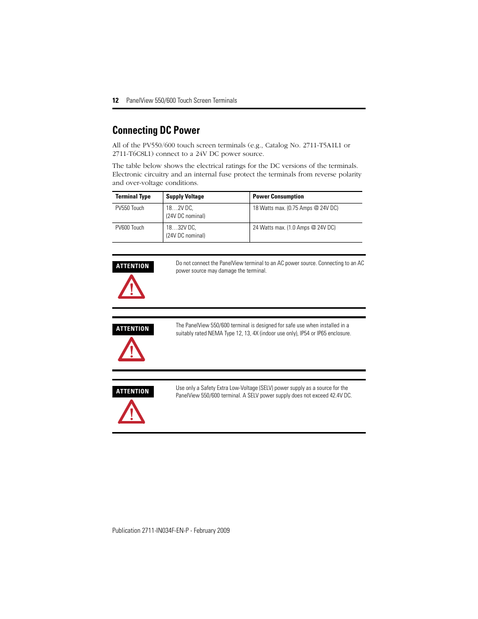 Connecting dc power | Rockwell Automation 2711-T5AxxL1_T6CxxL1 PanelView 550/600 Touch Screen Terminals User Manual | Page 12 / 16