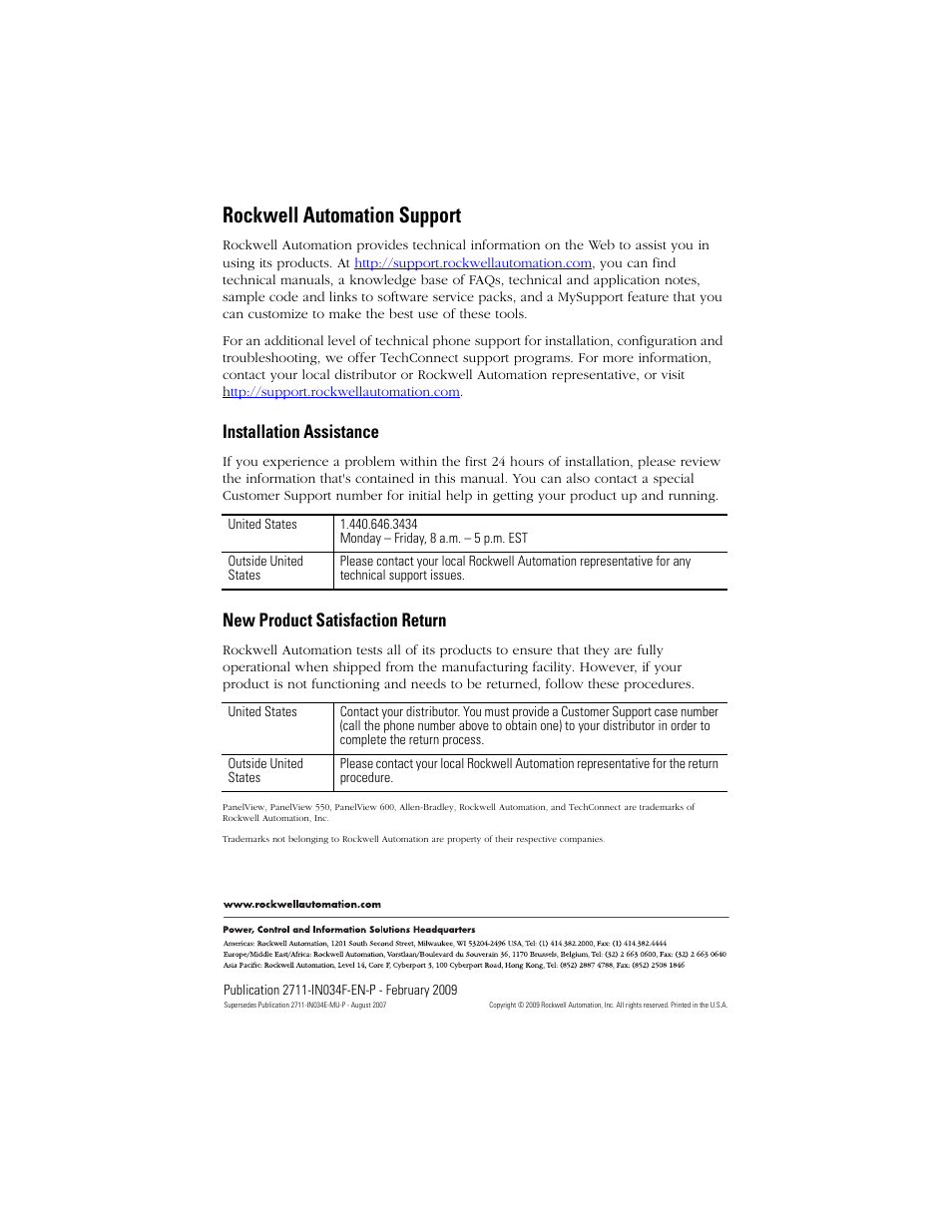 Back cover, Rockwell automation support, Installation assistance | New product satisfaction return | Rockwell Automation 2711-T5AxxL1_T6CxxL1 PanelView 550/600 Touch Screen Terminals User Manual | Page 16 / 16