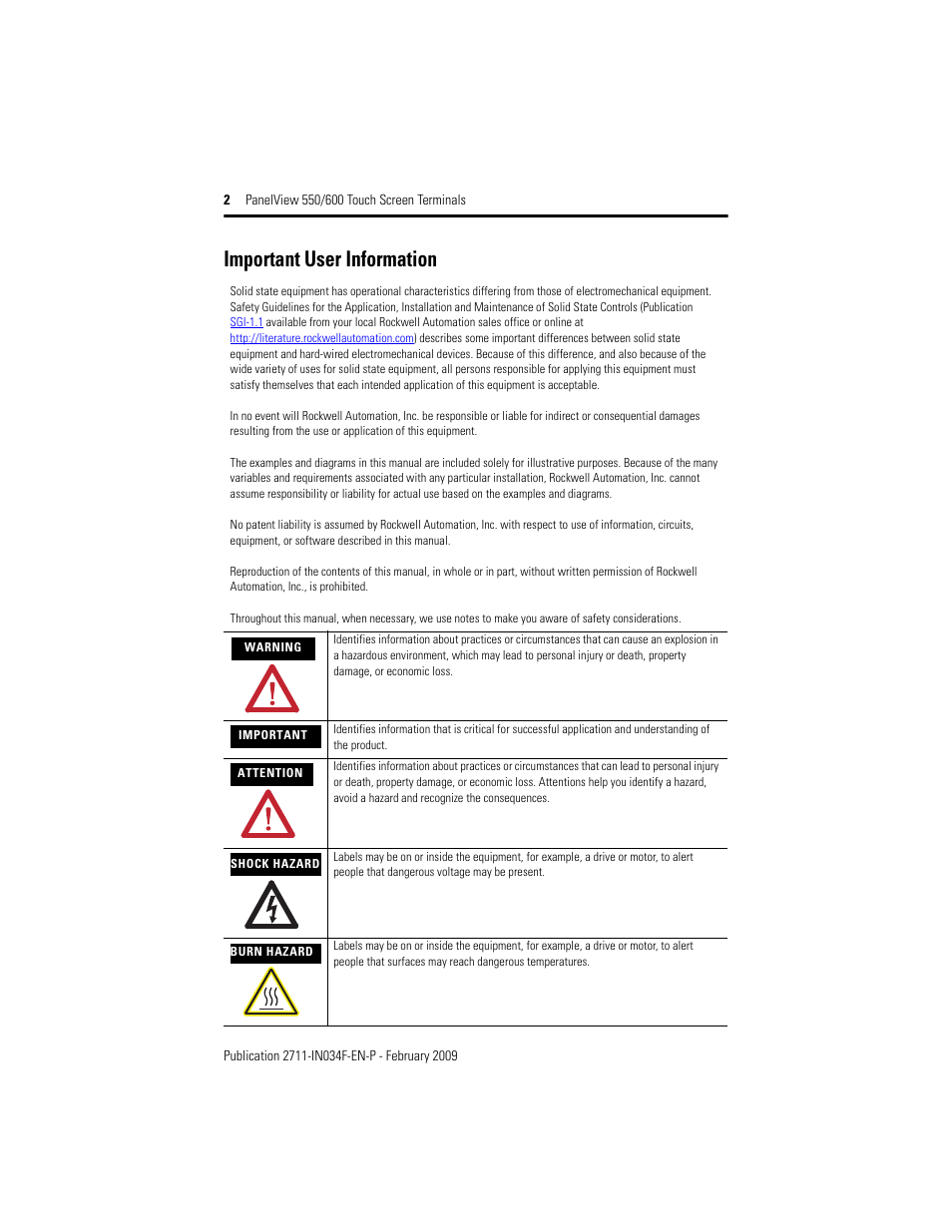 Important user information | Rockwell Automation 2711-T5AxxL1_T6CxxL1 PanelView 550/600 Touch Screen Terminals User Manual | Page 2 / 16