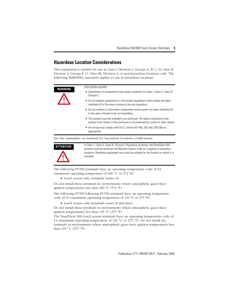 Hazardous location considerations | Rockwell Automation 2711-T5AxxL1_T6CxxL1 PanelView 550/600 Touch Screen Terminals User Manual | Page 3 / 16