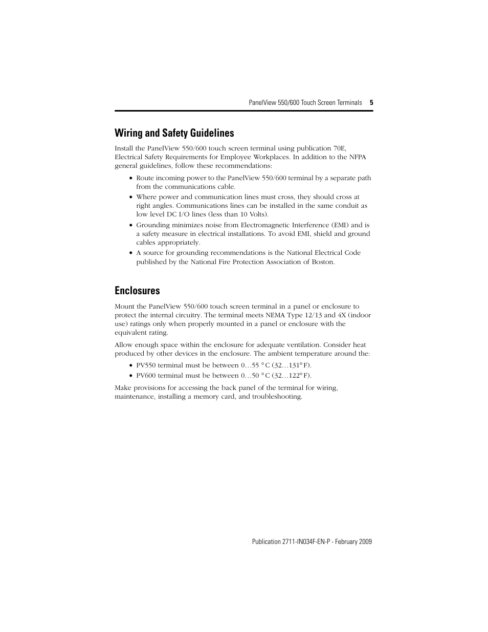 Wiring and safety guidelines, Enclosures | Rockwell Automation 2711-T5AxxL1_T6CxxL1 PanelView 550/600 Touch Screen Terminals User Manual | Page 5 / 16