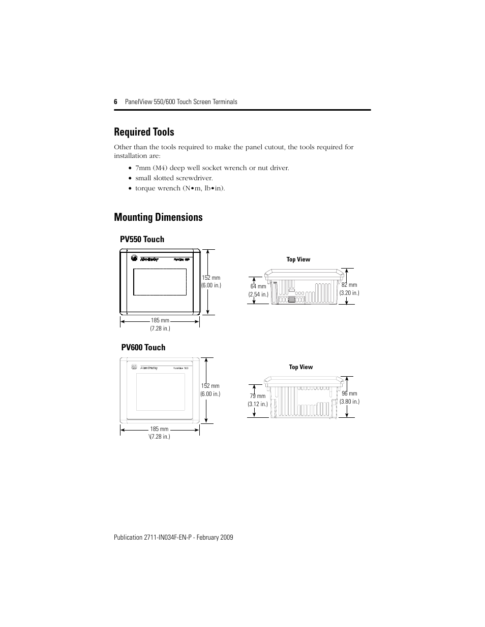 Required tools, Mounting dimensions | Rockwell Automation 2711-T5AxxL1_T6CxxL1 PanelView 550/600 Touch Screen Terminals User Manual | Page 6 / 16