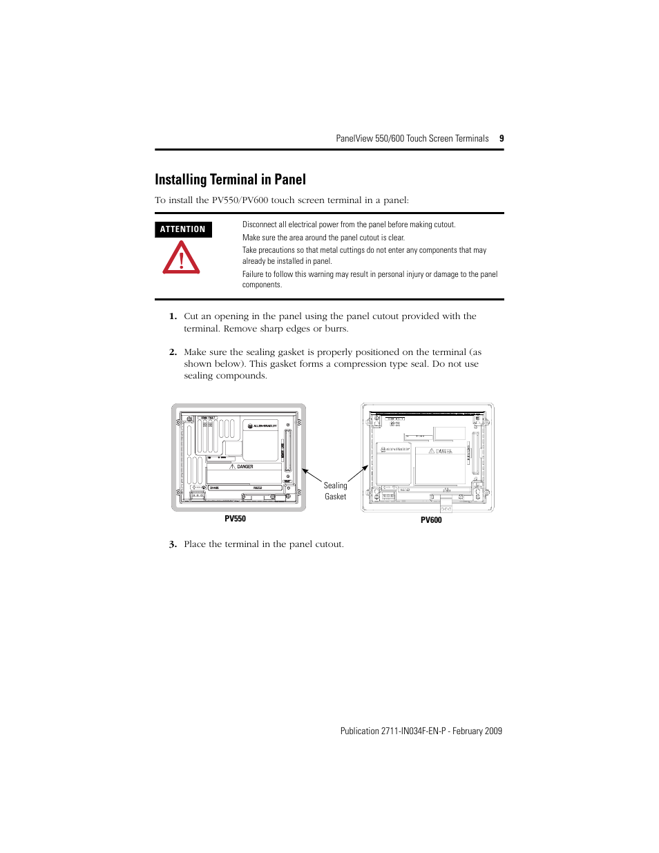 Installing terminal in panel | Rockwell Automation 2711-T5AxxL1_T6CxxL1 PanelView 550/600 Touch Screen Terminals User Manual | Page 9 / 16