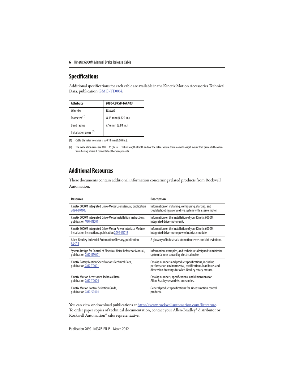 Specifications, Additional resources, Specifications 6 | Rockwell Automation 2090-CBKS8-16AA03 Kinetix 6000M Manual Brake Release Cable Installation Instructions User Manual | Page 6 / 8