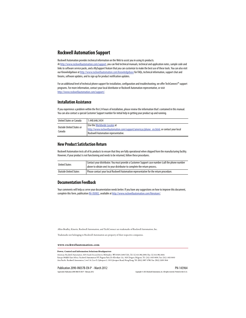 Back cover, Rockwell automation support, Installation assistance | New product satisfaction return, Documentation feedback | Rockwell Automation 2090-CBKS8-16AA03 Kinetix 6000M Manual Brake Release Cable Installation Instructions User Manual | Page 8 / 8