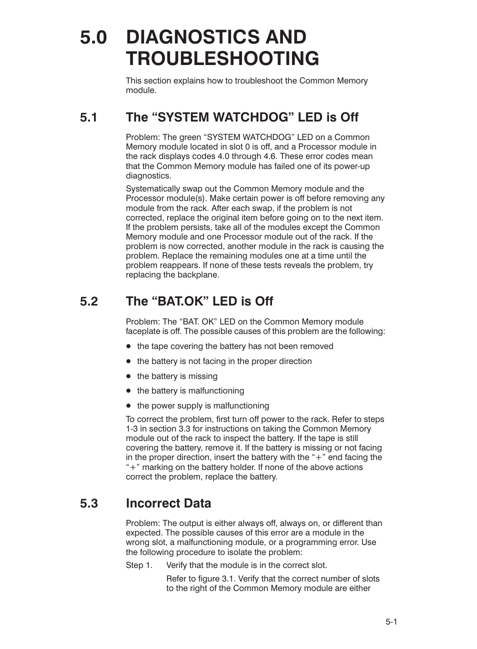 0 diagnostics and troubleshooting, 1 the system watchdog" led is off, 2 the bat.ok" led is off | 3 incorrect data | Rockwell Automation 57C423 Common Memory Module User Manual | Page 21 / 40