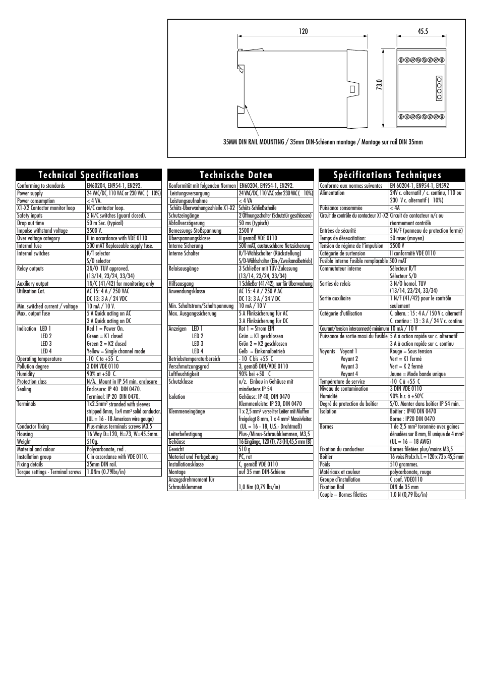 Technical specifications, Spécifications techniques technische daten | Rockwell Automation 440R MSR6R/T Minotaur Safety Relay User Manual | Page 3 / 4