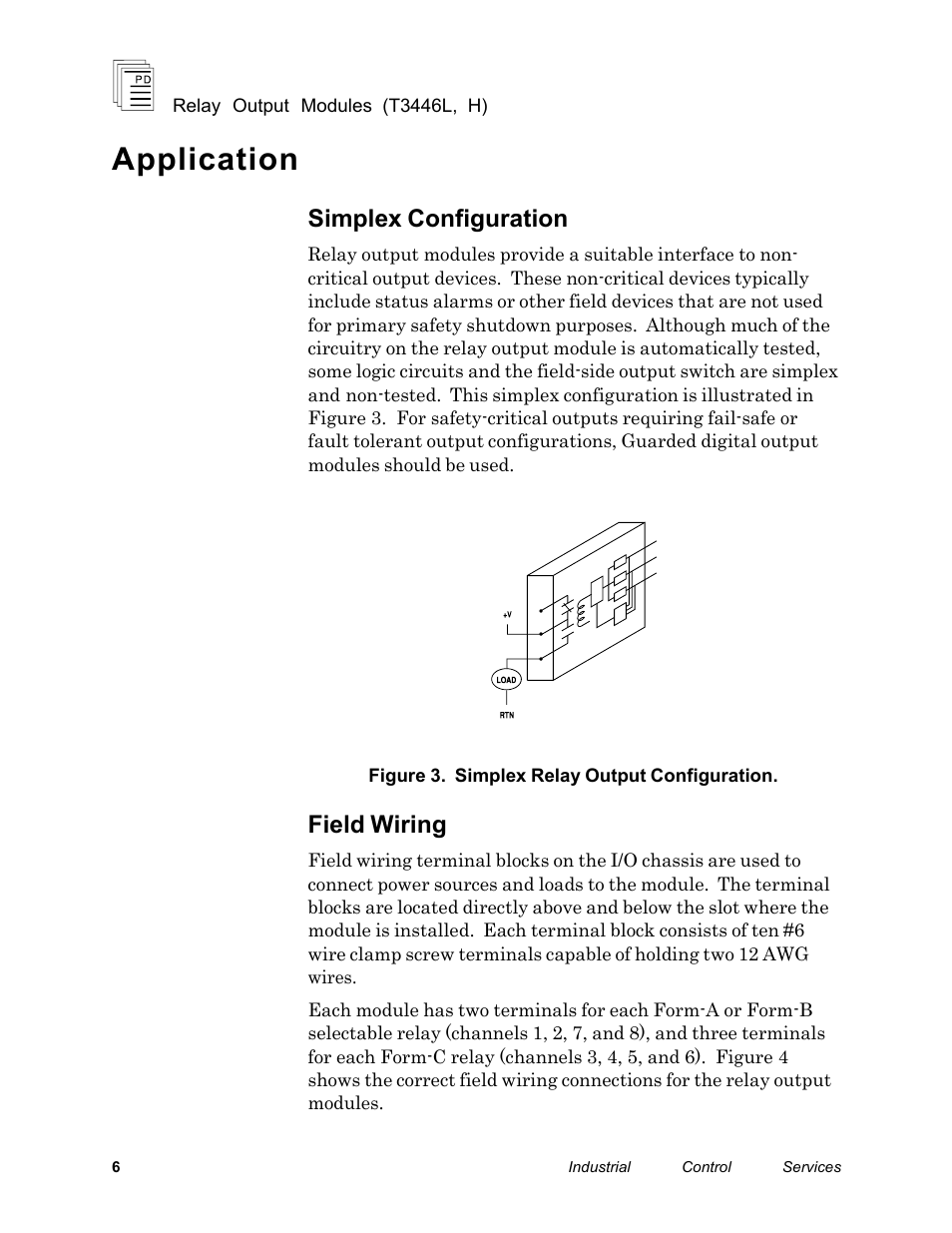 Application, Simplex configuration, Field wiring | Rockwell Automation T3446H ICS Regent Relay Output Modules User Manual | Page 6 / 20