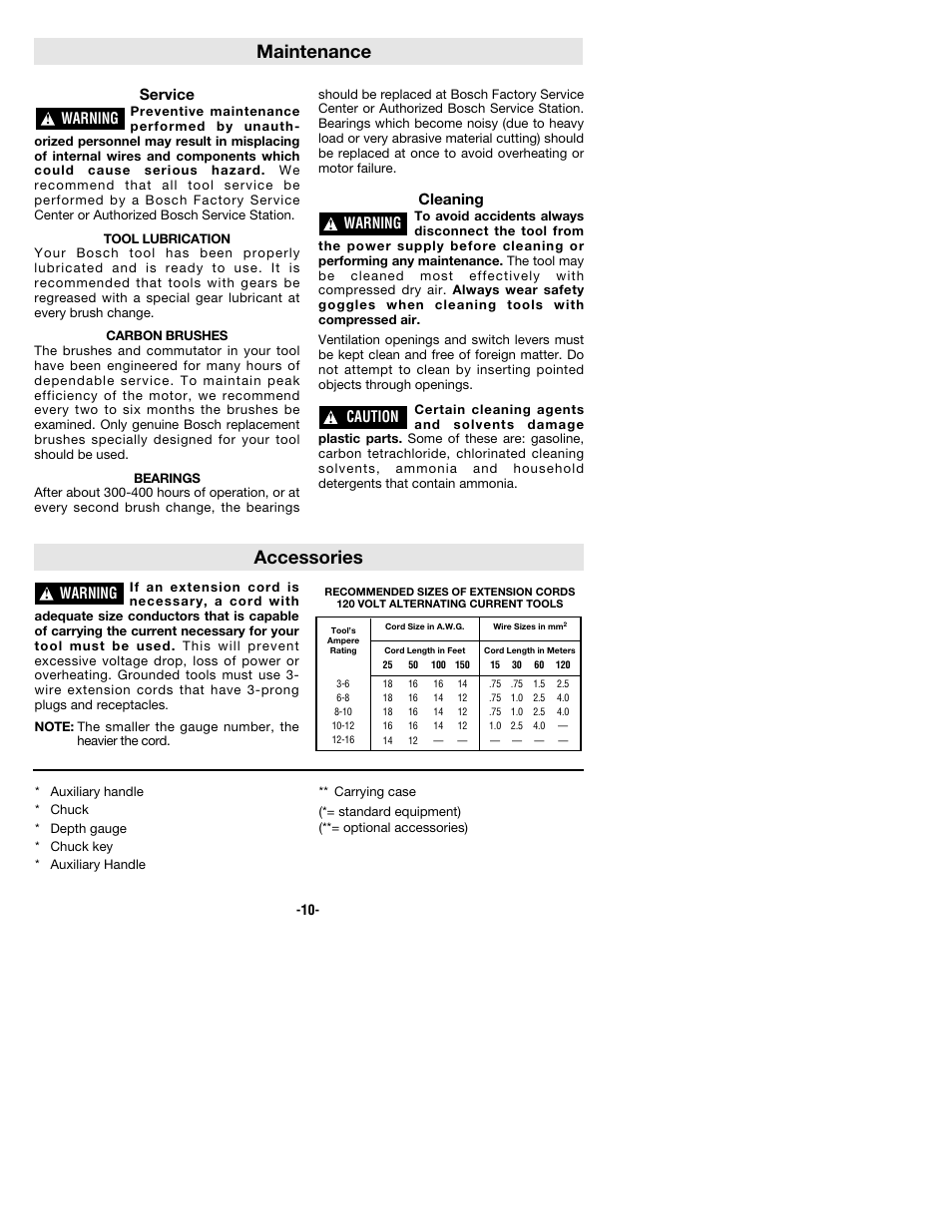 Maintenance, Accessories, Service | Cleaning, Warning, Caution | Bosch 1169VSR User Manual | Page 10 / 32