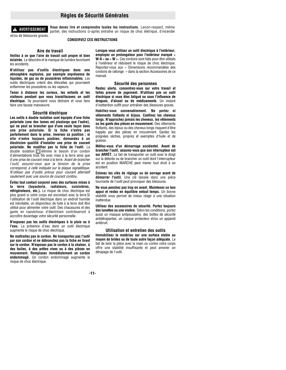 Règles de sécurité générales | Bosch 1169VSR User Manual | Page 11 / 32