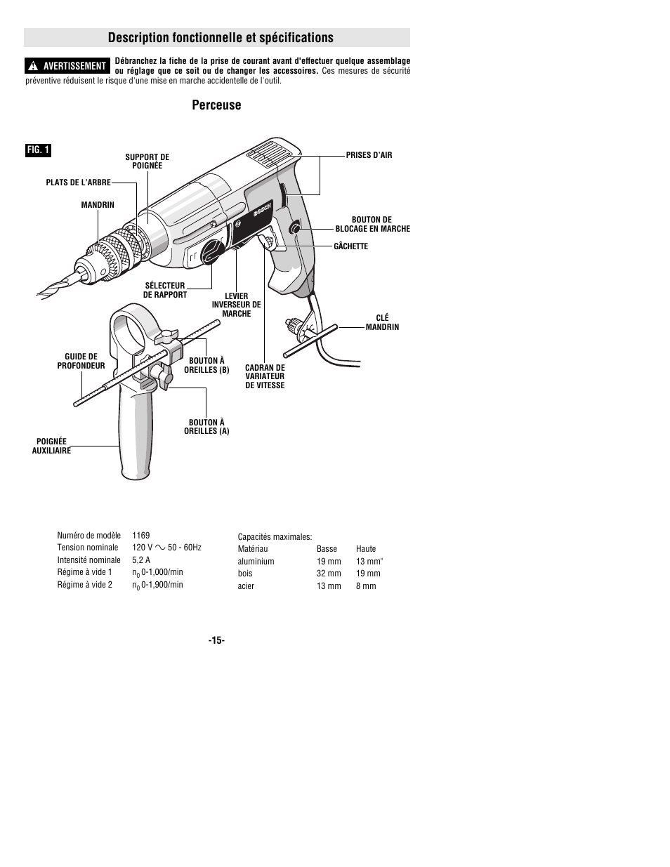Description fonctionnelle et spécifications, Perceuse | Bosch 1169VSR User Manual | Page 15 / 32