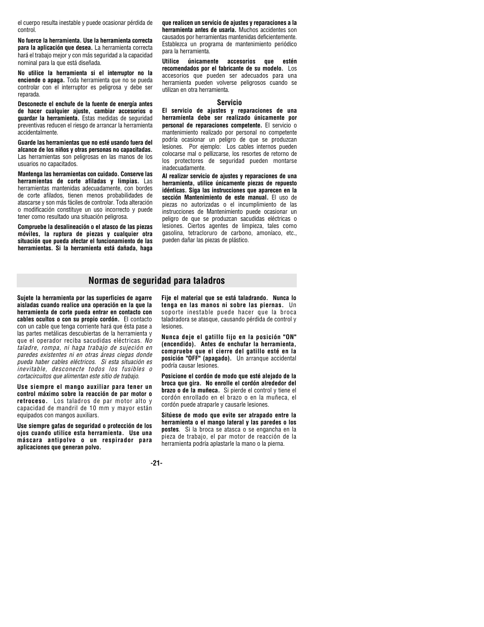 Normas de seguridad para taladros | Bosch 1169VSR User Manual | Page 21 / 32