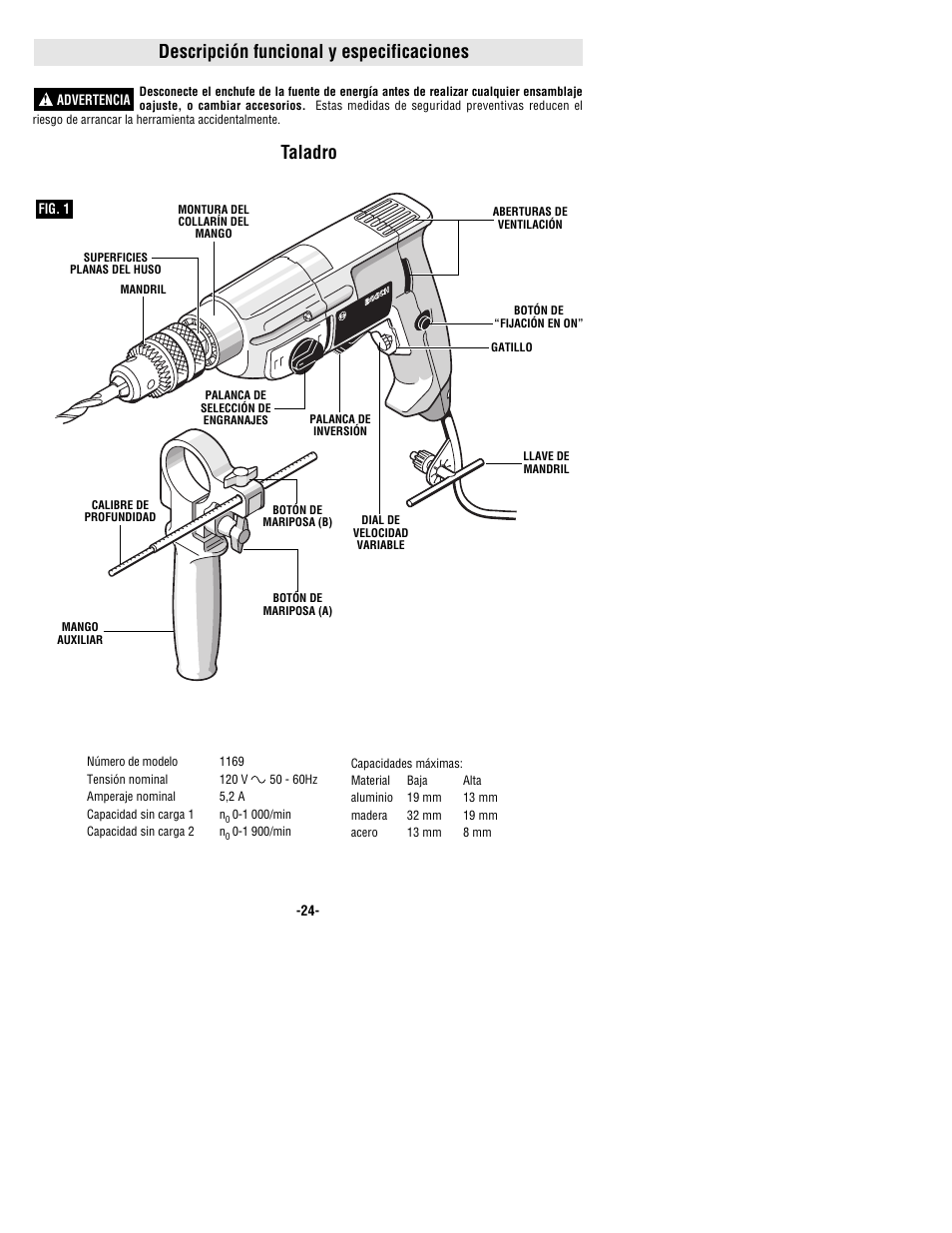Descripción funcional y especificaciones, Taladro | Bosch 1169VSR User Manual | Page 24 / 32