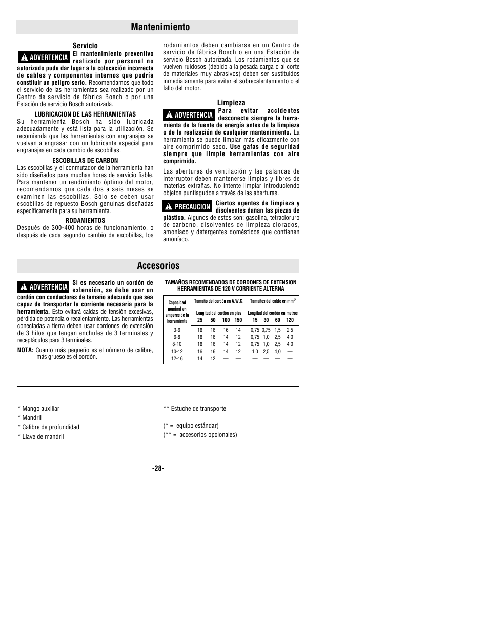 Mantenimiento, Accesorios | Bosch 1169VSR User Manual | Page 28 / 32