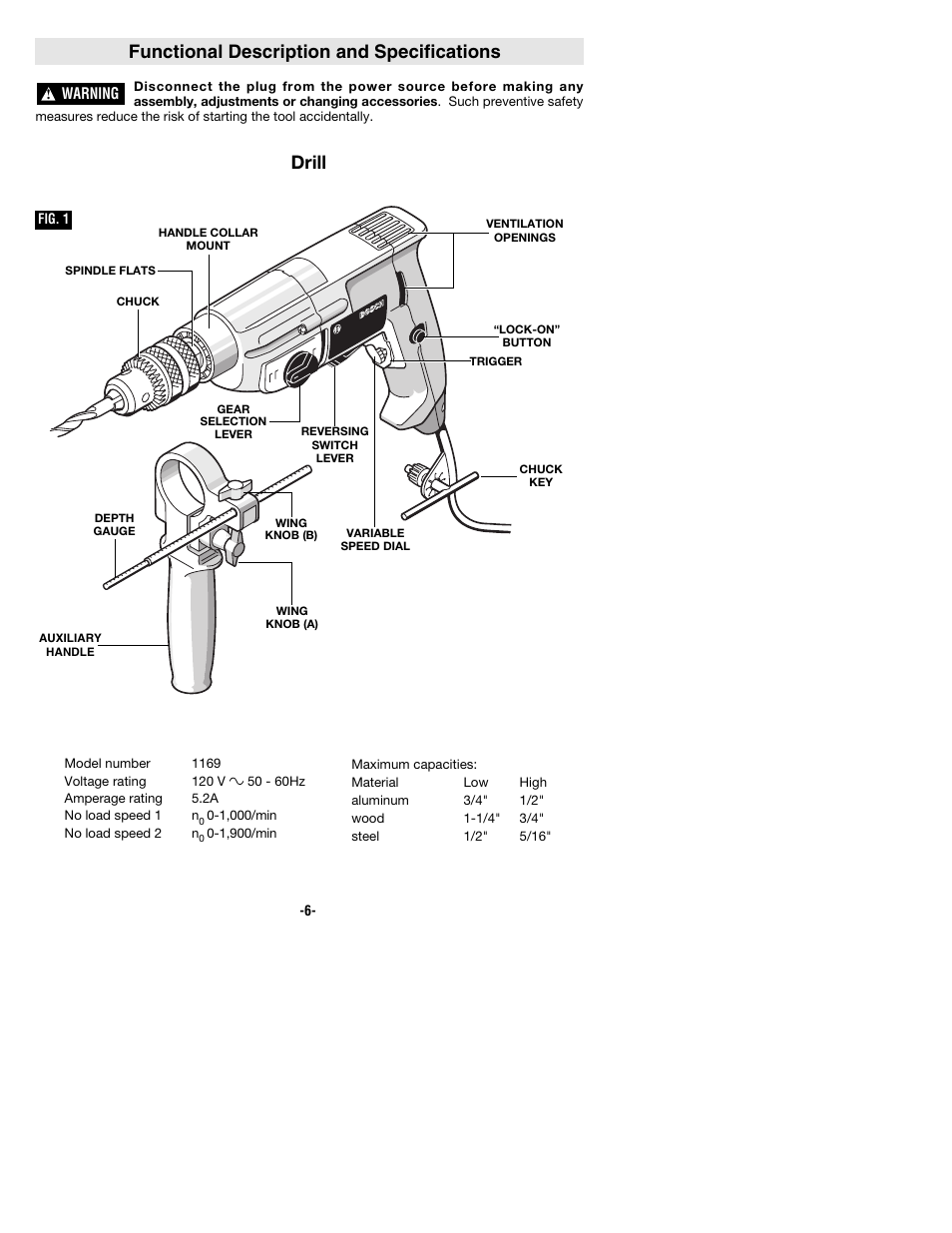 Functional description and specifications, Drill | Bosch 1169VSR User Manual | Page 6 / 32