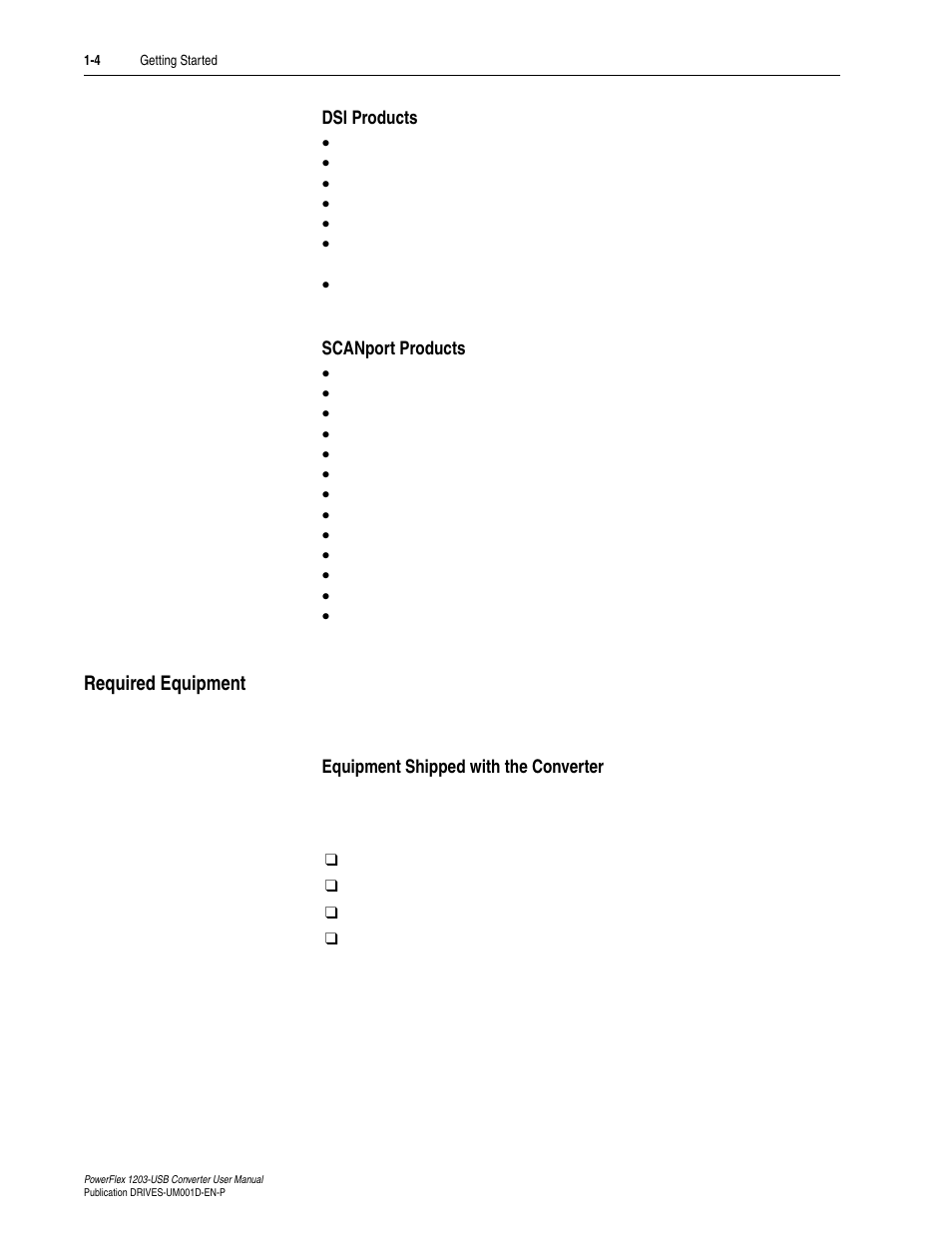 Dsi products, Scanport products, Required equipment | Equipment shipped with the converter, Dsi products -4 scanport products -4, Required equipment -4, Equipment shipped with the converter -4 | Rockwell Automation 1203-USB  Converter User Manual | Page 14 / 112