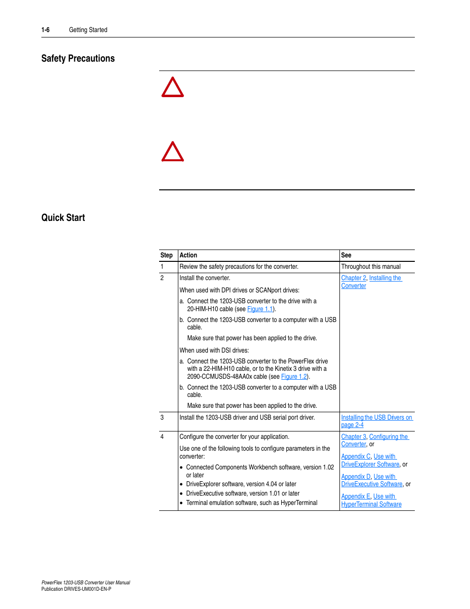 Safety precautions, Quick start, Safety precautions -6 quick start -6 | Rockwell Automation 1203-USB  Converter User Manual | Page 16 / 112