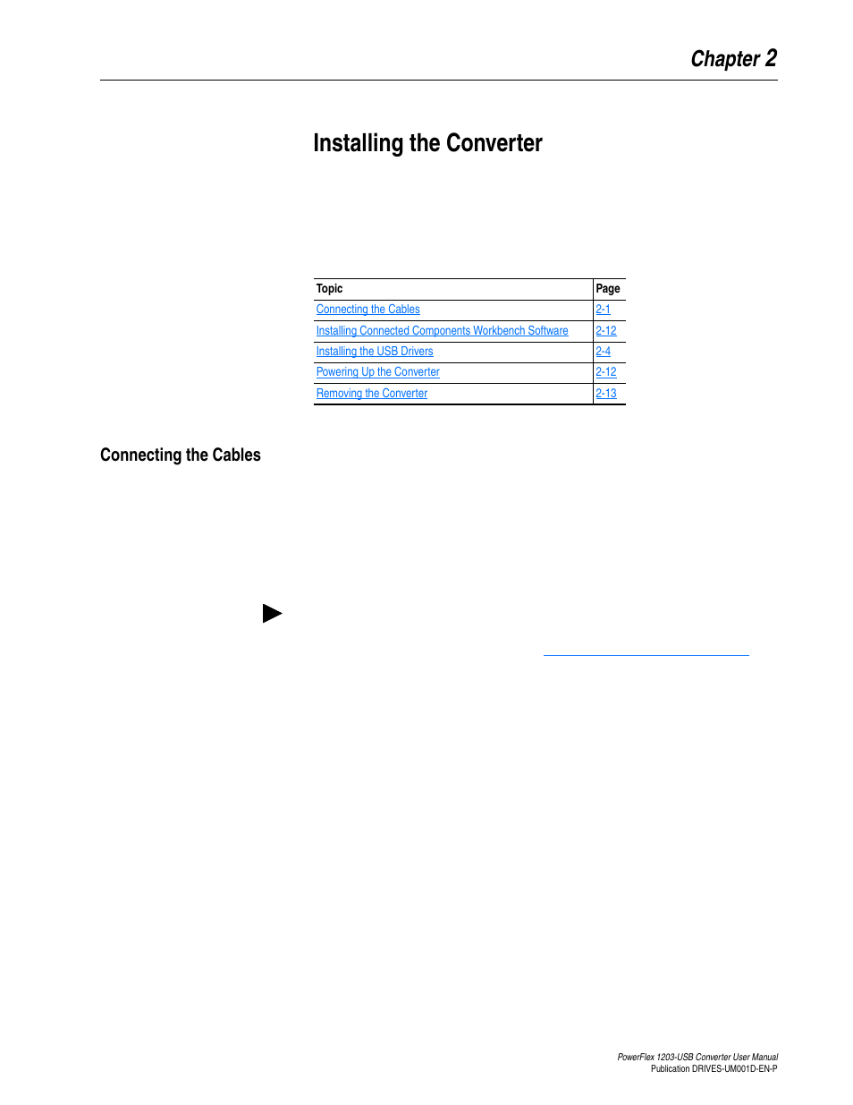 Chapter 2, Installing the converter, Connecting the cables | Connecting the cables -1, Installing the, Converter | Rockwell Automation 1203-USB  Converter User Manual | Page 19 / 112