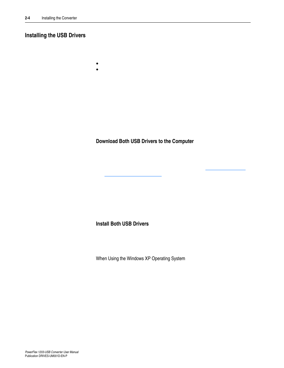 Installing the usb drivers, Download both usb drivers to the computer, Install both usb drivers | Installing the usb drivers -4, Installing the usb drivers on | Rockwell Automation 1203-USB  Converter User Manual | Page 22 / 112