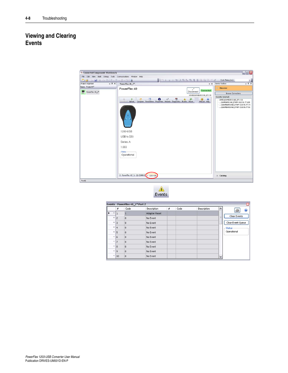 Viewing and clearing events, Viewing and clearing events -8 | Rockwell Automation 1203-USB  Converter User Manual | Page 56 / 112