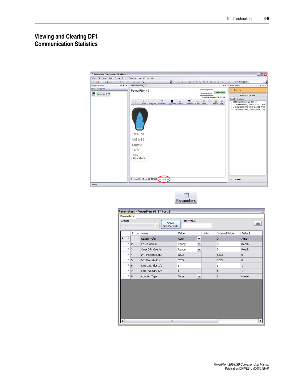 Viewing and clearing df1 communication statistics | Rockwell Automation 1203-USB  Converter User Manual | Page 57 / 112