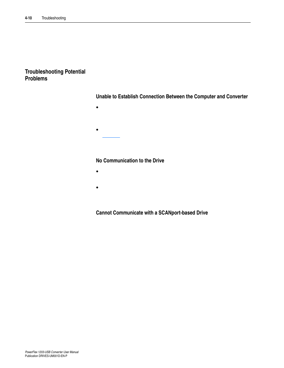 Troubleshooting potential problems, No communication to the drive, Cannot communicate with a scanport-based drive | Troubleshooting potential problems -10 | Rockwell Automation 1203-USB  Converter User Manual | Page 58 / 112
