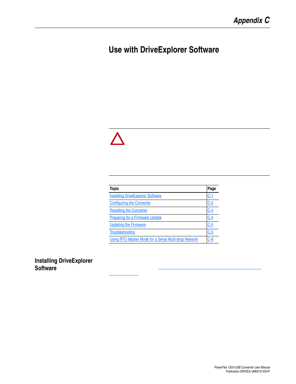Appendix c, Use with driveexplorer software, Installing driveexplorer software | Use with, Driveexplorer software, Cuse with driveexplorer software | Rockwell Automation 1203-USB  Converter User Manual | Page 65 / 112