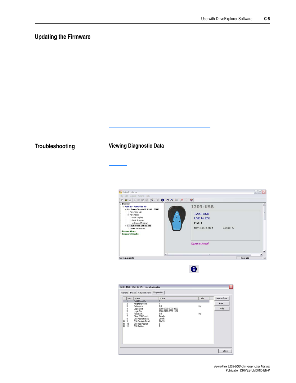 Updating the firmware, Troubleshooting, Viewing diagnostic data | Rockwell Automation 1203-USB  Converter User Manual | Page 69 / 112