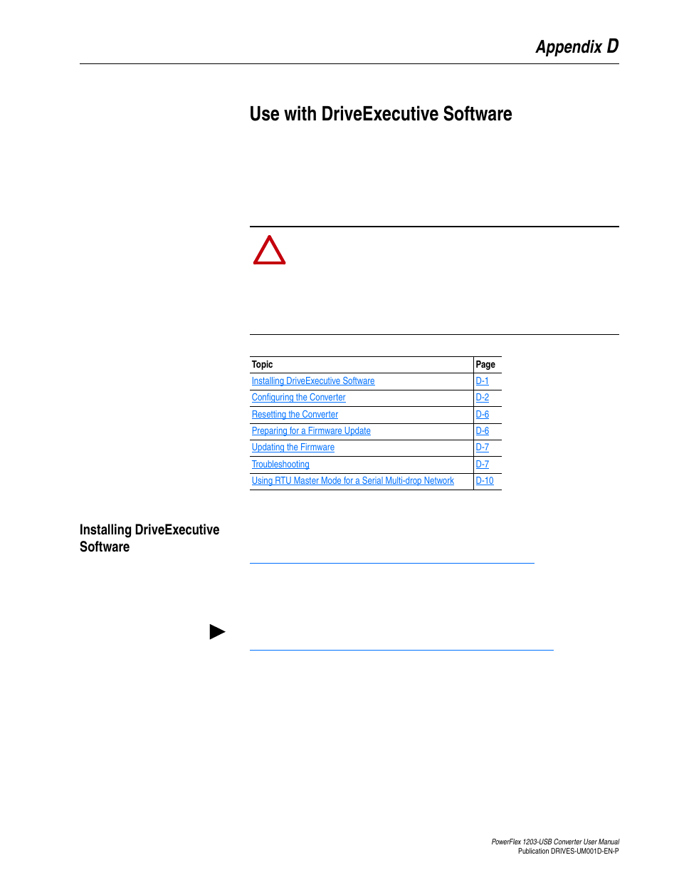 Appendix d, Use with driveexecutive software, Installing driveexecutive software | Use with, Driveexecutive software, Duse with driveexecutive software | Rockwell Automation 1203-USB  Converter User Manual | Page 75 / 112
