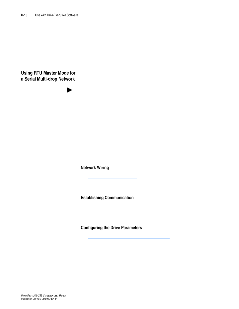 Network wiring, Establishing communication, Configuring the drive parameters | D-10 | Rockwell Automation 1203-USB  Converter User Manual | Page 84 / 112