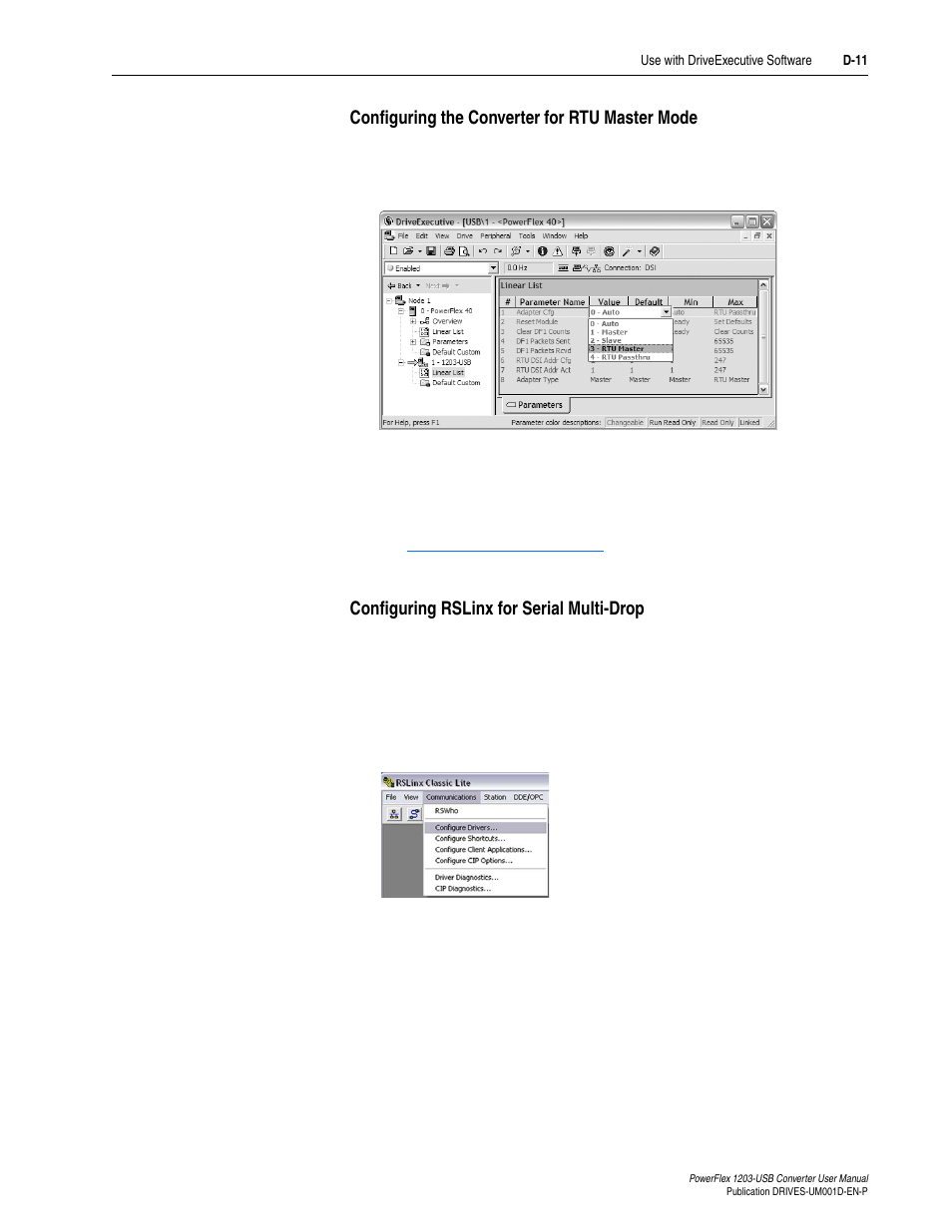 Configuring the converter for rtu master mode, Configuring rslinx for serial multi-drop | Rockwell Automation 1203-USB  Converter User Manual | Page 85 / 112
