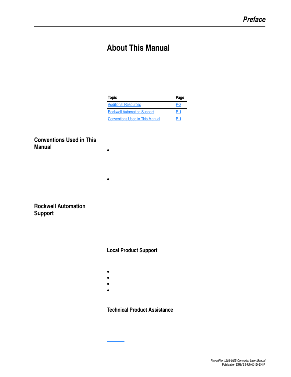 Preface, About this manual, Conventions used in this manual | Rockwell automation support, Local product support, Technical product assistance | Rockwell Automation 1203-USB  Converter User Manual | Page 9 / 112