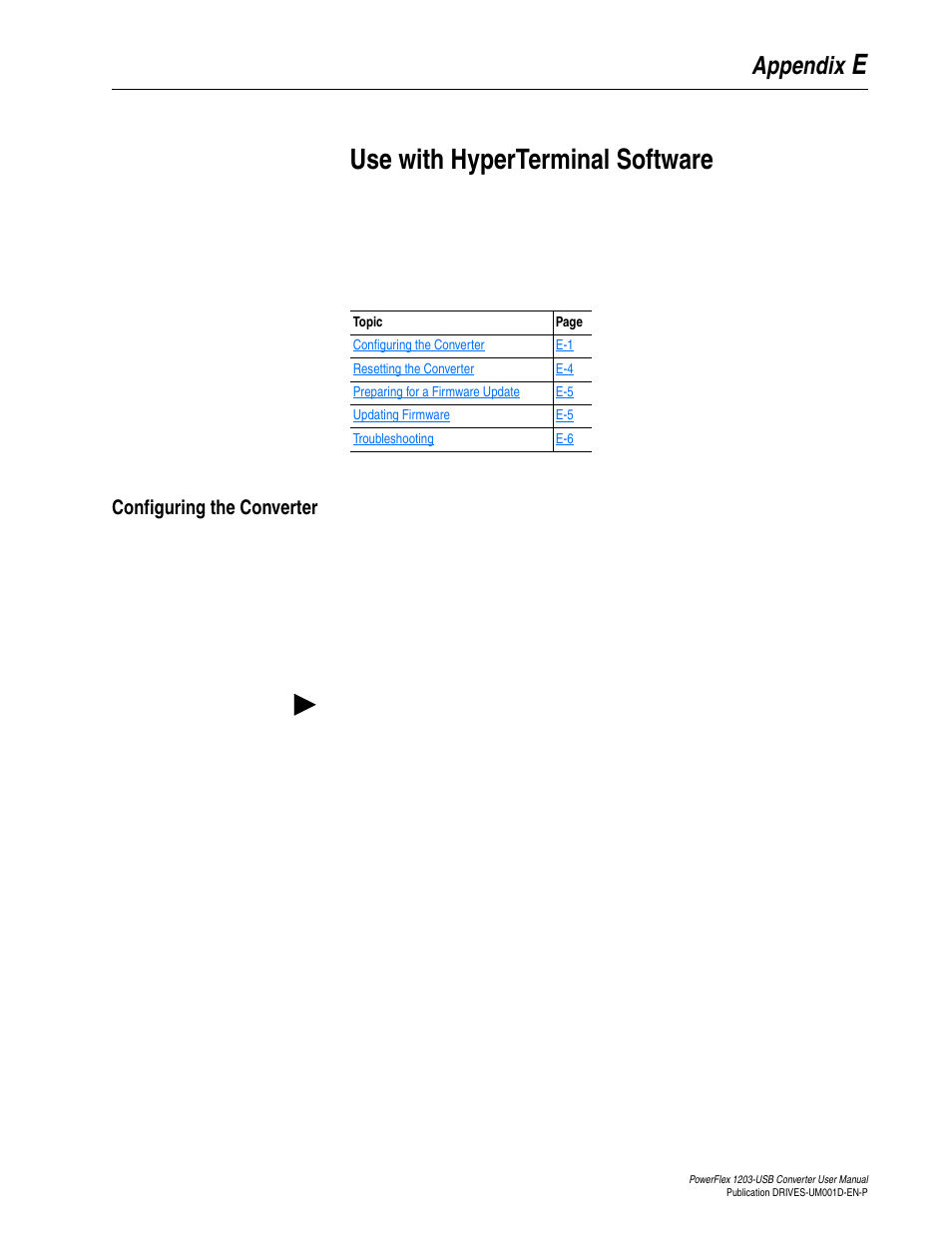 Appendix e, Use with hyperterminal software, Configuring the converter | Use with, Hyperterminal software, Use with hyperterminal | Rockwell Automation 1203-USB  Converter User Manual | Page 91 / 112