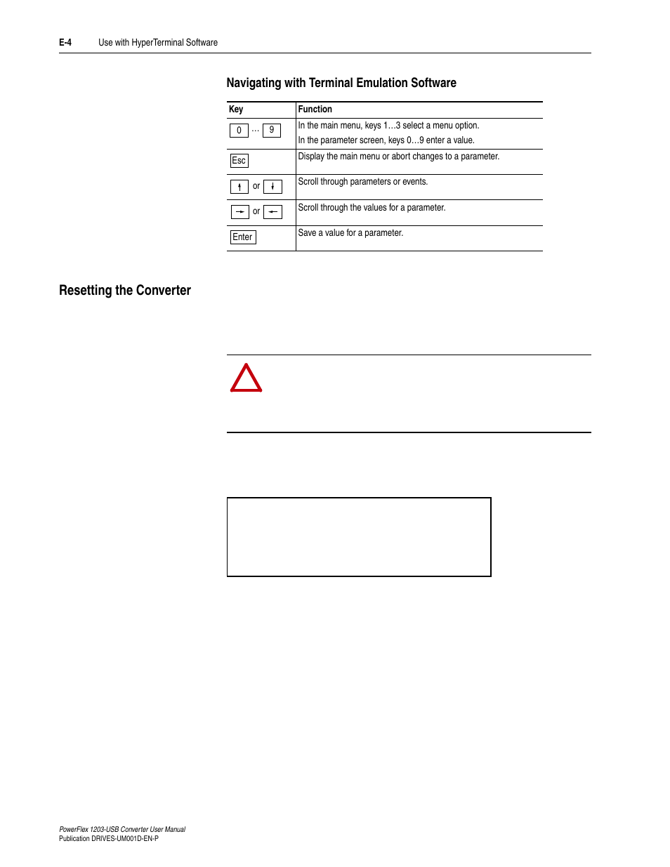 Navigating with terminal emulation software, Resetting the converter | Rockwell Automation 1203-USB  Converter User Manual | Page 94 / 112