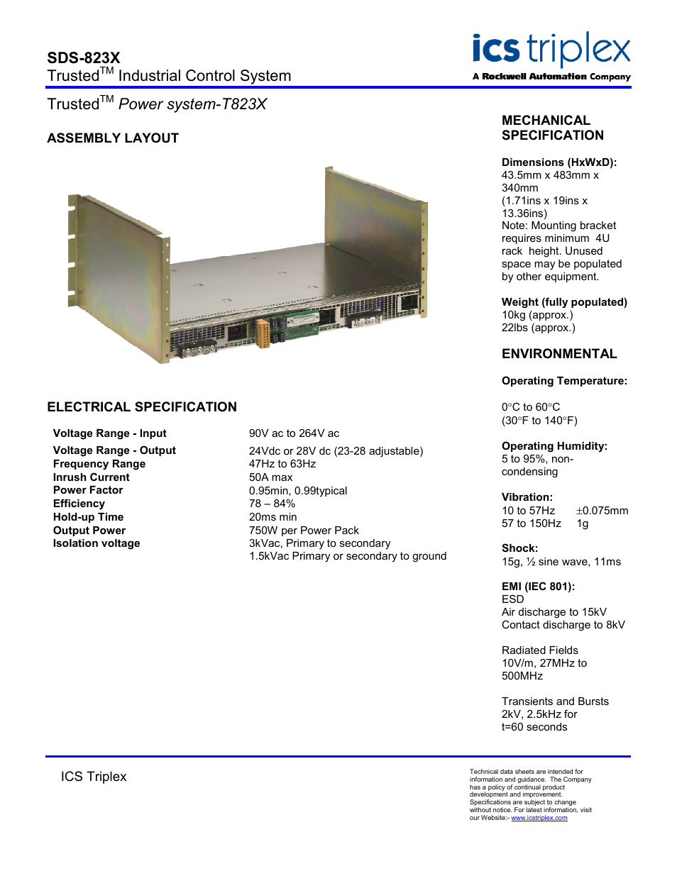 Assembly layout, Electrical specification, Sds-823x trusted | Industrial control system trusted, Power system-t823x | Rockwell Automation T823X Trusted Power System User Manual | Page 2 / 2