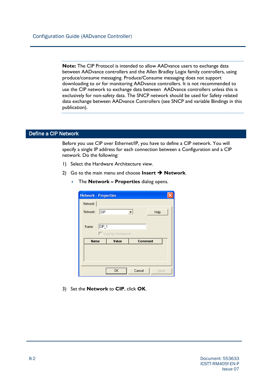 Define a cip network | Rockwell Automation AADvance Controller Configuration Guide User Manual | Page 172 / 286