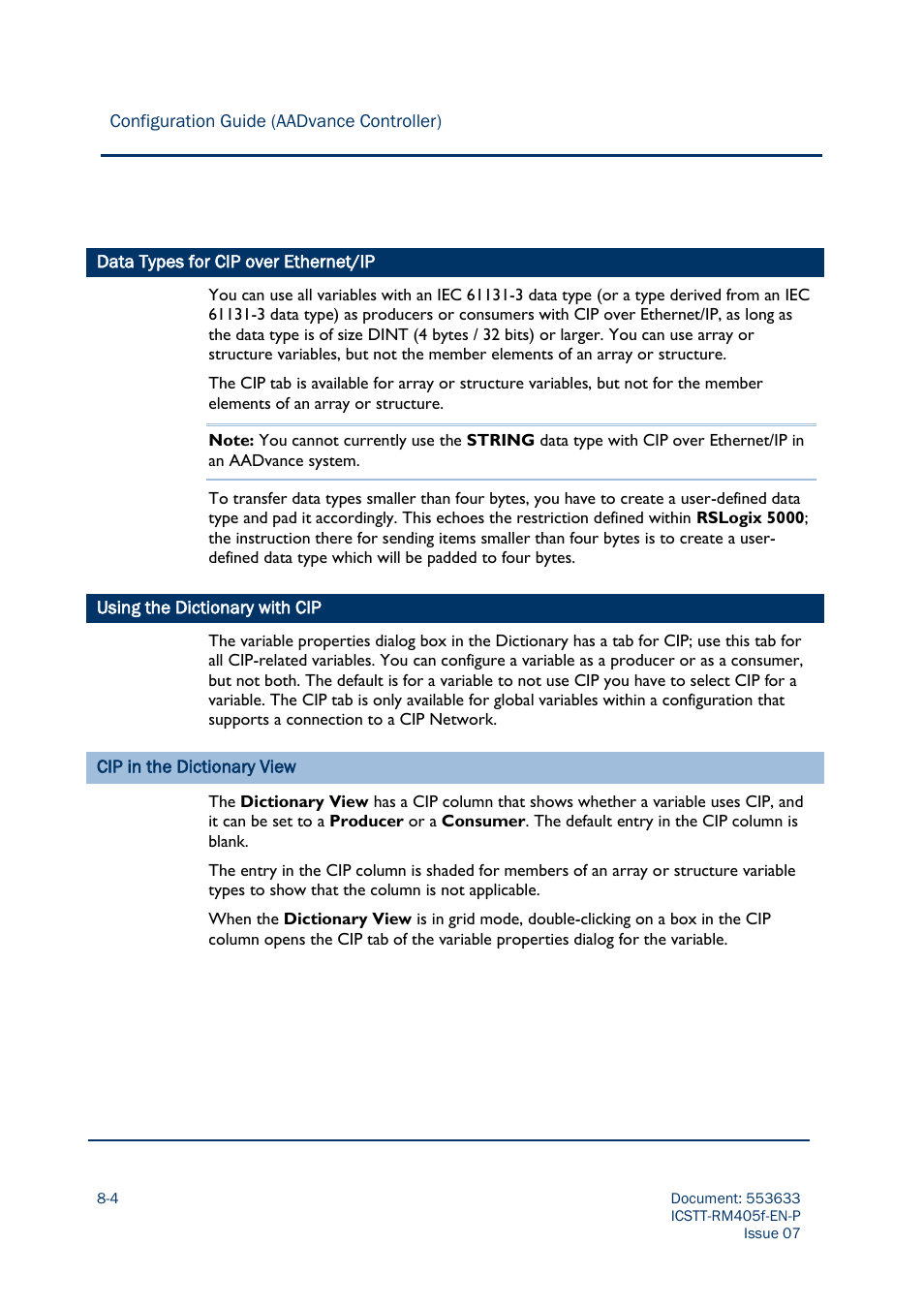 Data types for cip over ethernet/ip -4, Using the dictionary with cip | Rockwell Automation AADvance Controller Configuration Guide User Manual | Page 174 / 286