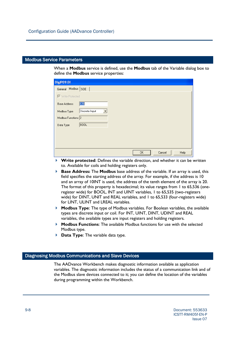 Modbus service parameters | Rockwell Automation AADvance Controller Configuration Guide User Manual | Page 194 / 286