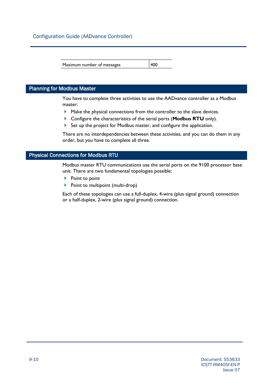 Planning for modbus master, Physical connections for modbus rtu -10 | Rockwell Automation AADvance Controller Configuration Guide User Manual | Page 196 / 286