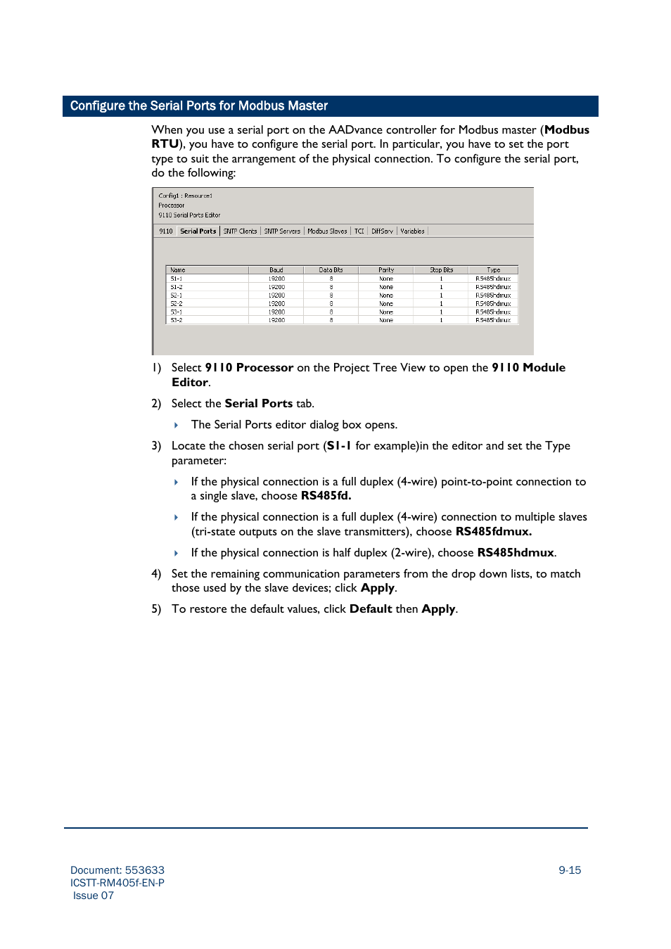 Configure the serial ports for modbus master -15 | Rockwell Automation AADvance Controller Configuration Guide User Manual | Page 201 / 286