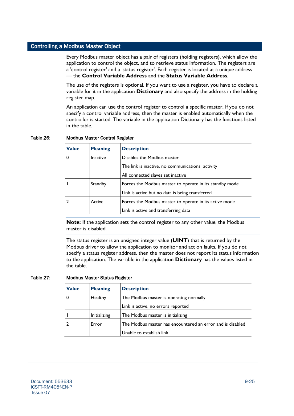 Controlling a modbus master object -25, Controlling a modbus master object | Rockwell Automation AADvance Controller Configuration Guide User Manual | Page 211 / 286