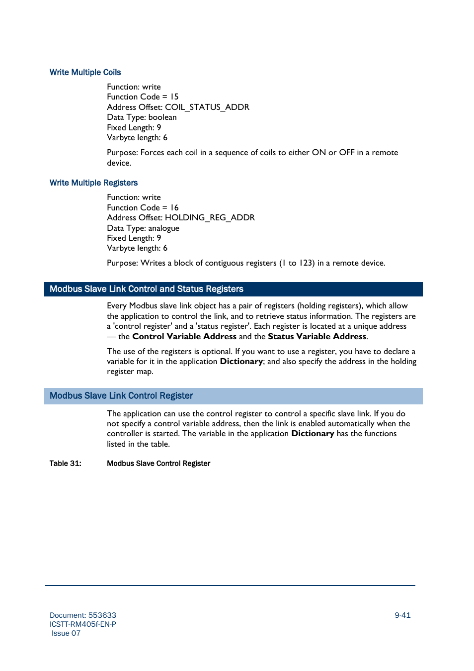 Modbus slave link control and status registers -41 | Rockwell Automation AADvance Controller Configuration Guide User Manual | Page 227 / 286
