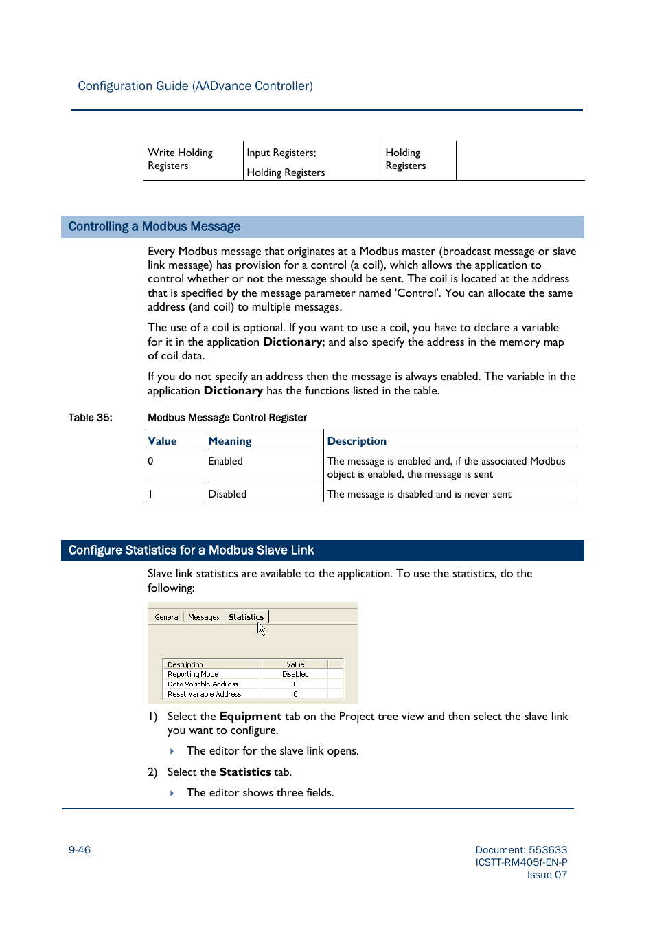 Configure statistics for a modbus slave link -46 | Rockwell Automation AADvance Controller Configuration Guide User Manual | Page 232 / 286