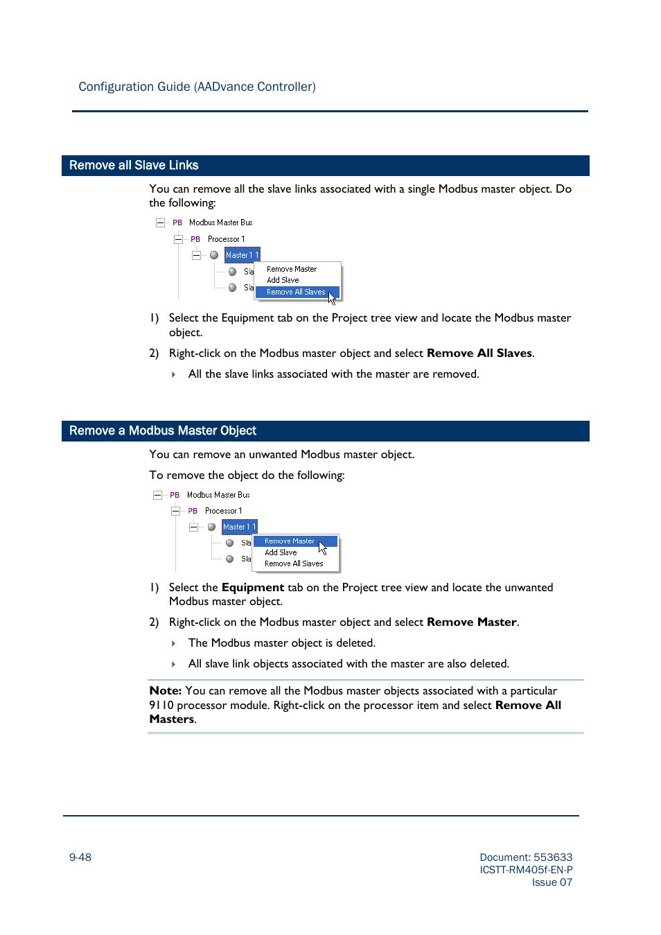 Remove all slave links, Remove a modbus master object -48 | Rockwell Automation AADvance Controller Configuration Guide User Manual | Page 234 / 286