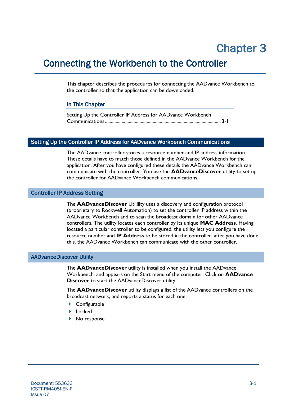 Chapter 3, Connecting the workbench to the controller | Rockwell Automation AADvance Controller Configuration Guide User Manual | Page 33 / 286