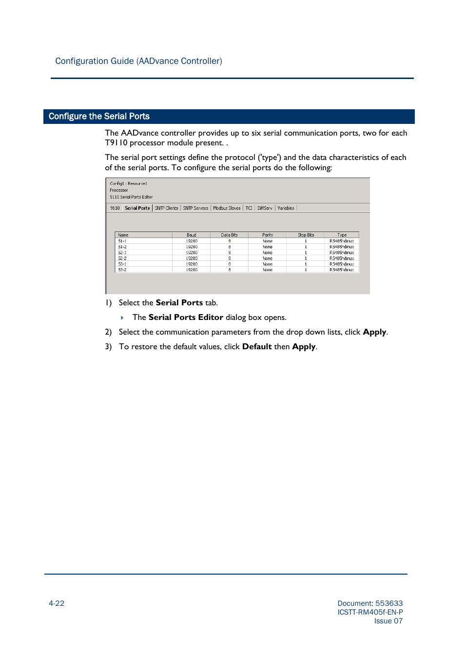 Configure the serial ports | Rockwell Automation AADvance Controller Configuration Guide User Manual | Page 62 / 286