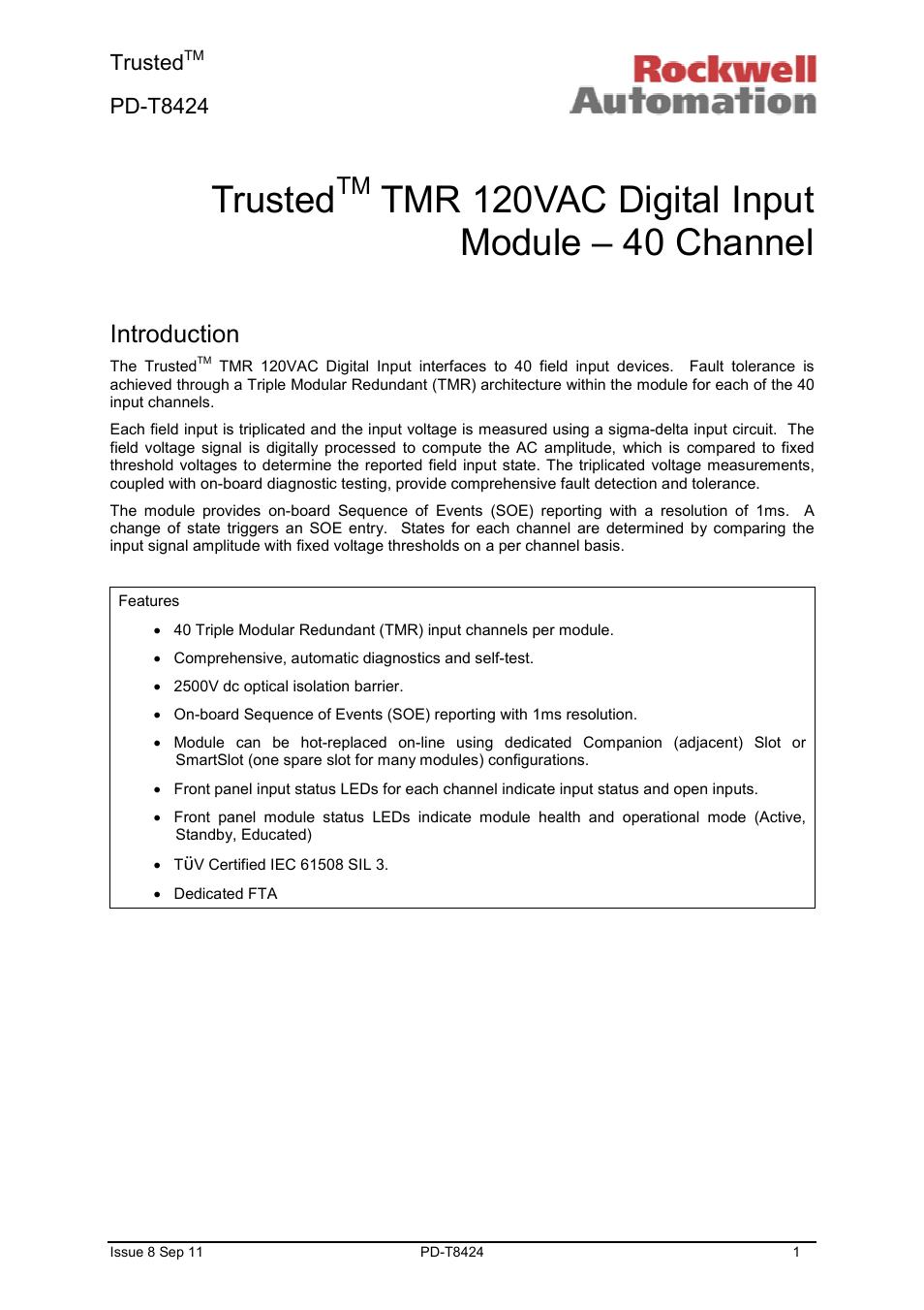 Rockwell Automation T8424 Trusted TMR 120Vac Digital Input Module User Manual | 29 pages