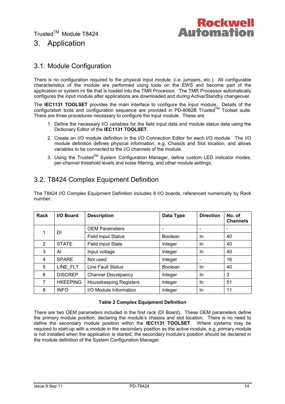 Application, Module configuration, T8424 complex equipment definition | Trusted, Module t8424 | Rockwell Automation T8424 Trusted TMR 120Vac Digital Input Module User Manual | Page 14 / 29