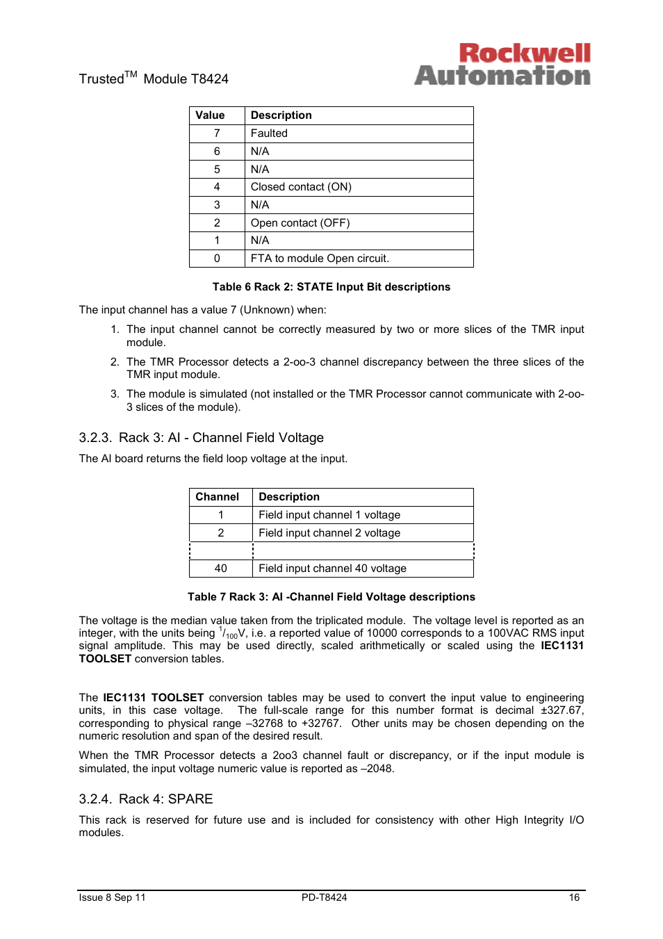 Trusted, Module t8424, Rack 3: ai - channel field voltage | Rack 4: spare | Rockwell Automation T8424 Trusted TMR 120Vac Digital Input Module User Manual | Page 16 / 29